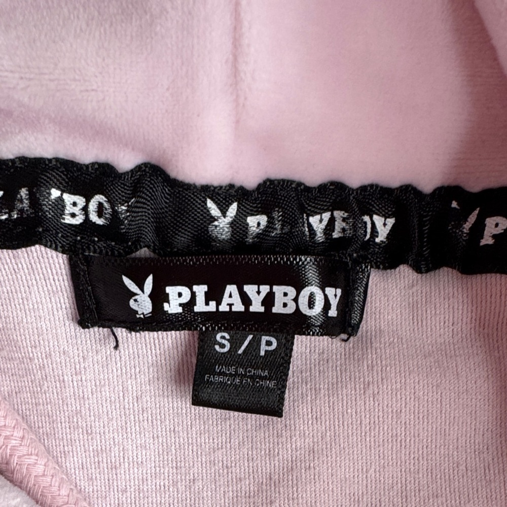 90’s PLAYBOY Pink Rhinestone Velour Cropped Hooded Sweatshirt - Picture 2 of 6